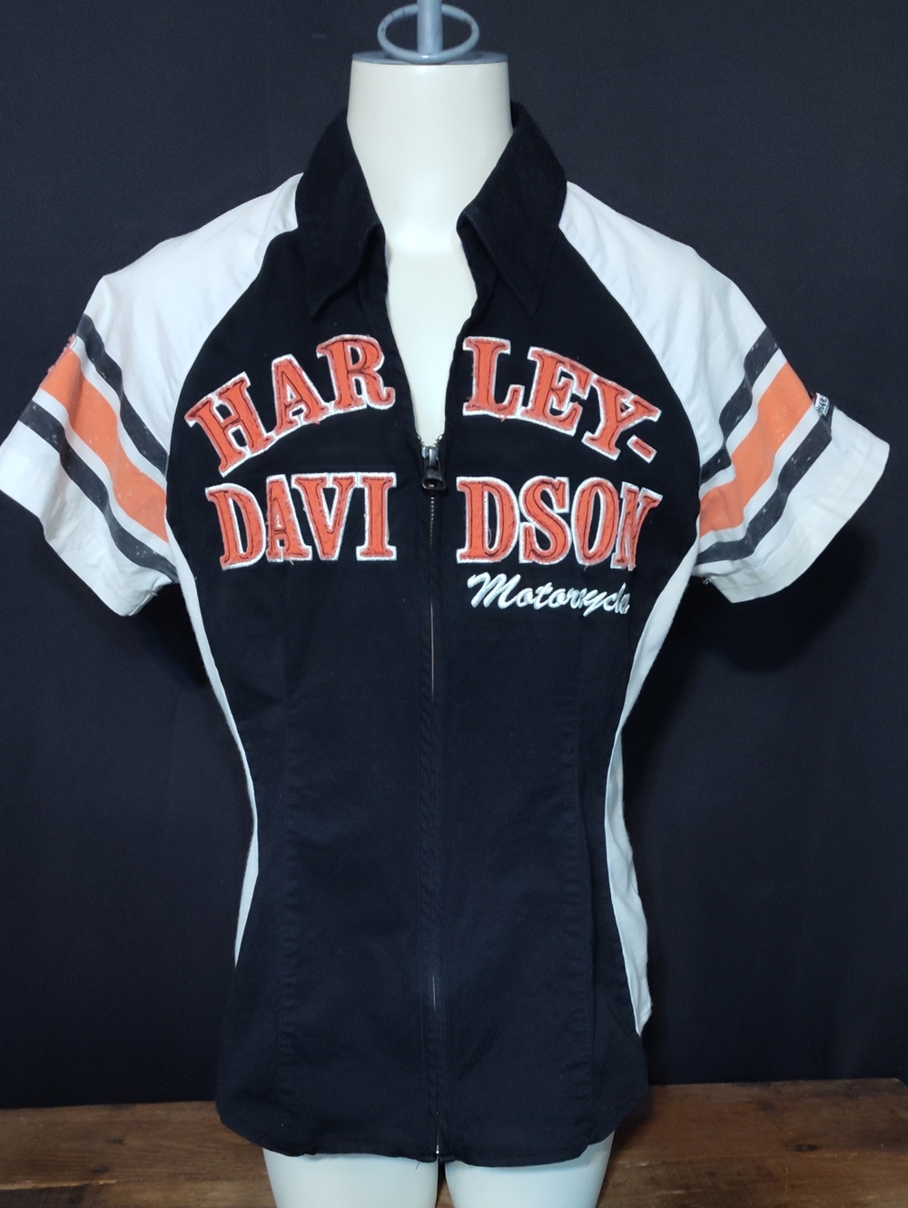 Women's Harley-Davidson Black, White & Orange Zip-Front Racing Top